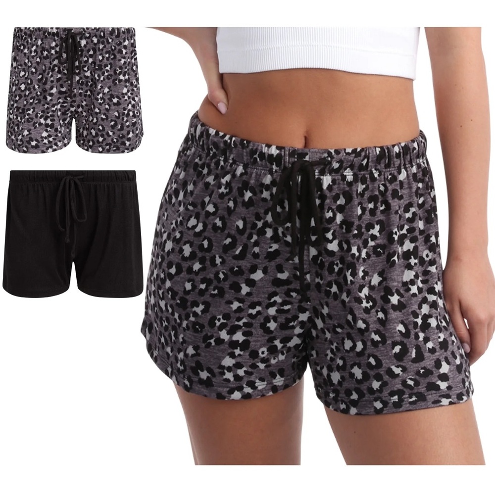 Pillow Talk 2 Pack Pajama Sleep Shorts - black leopard / animal print